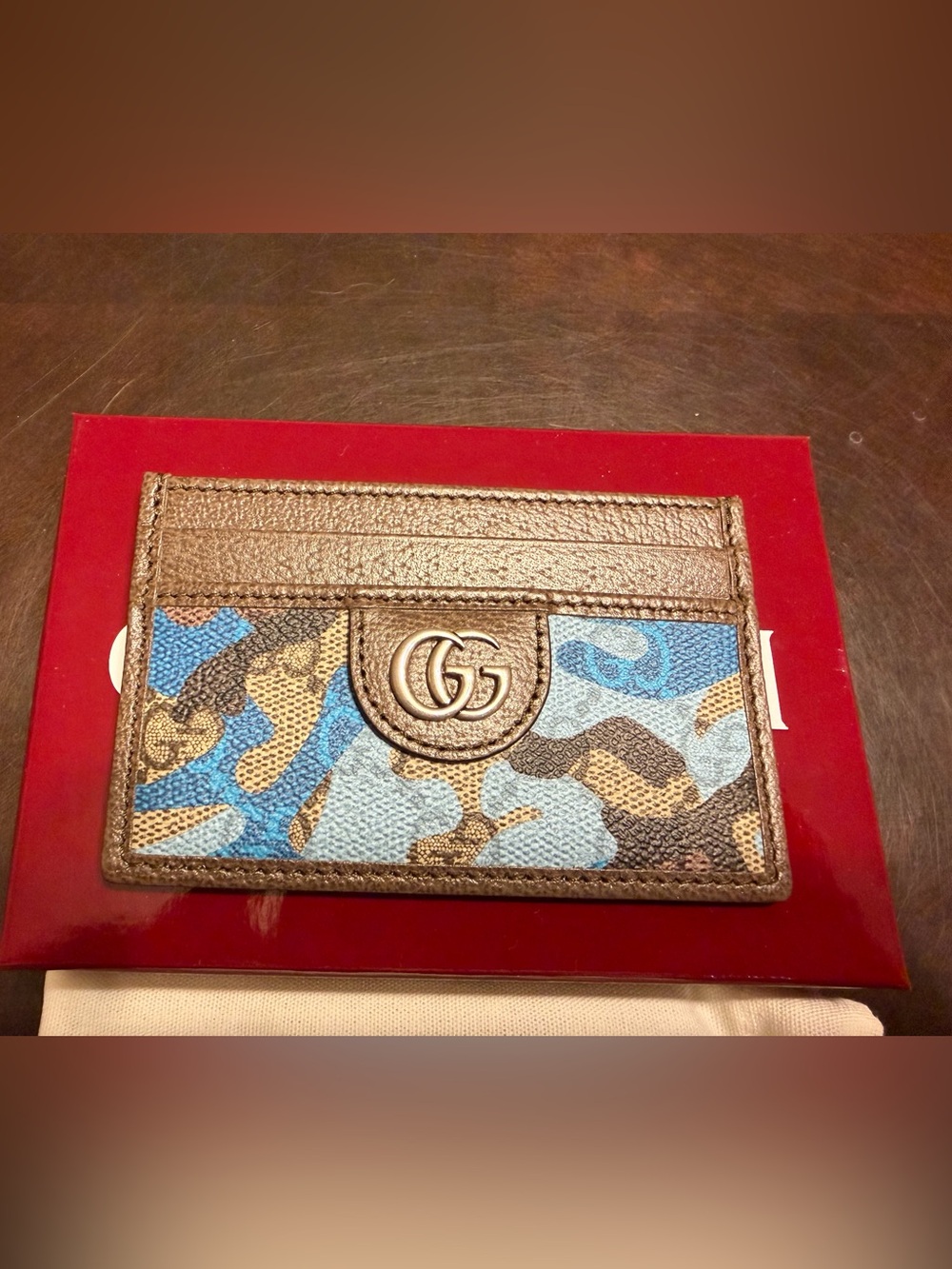 New Authentic Gucci GG Supreme Logo Card Case Wallet Brown Blue Leather - Picture 7 of 10